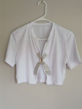 White Short-Sleeve Embellished Crop Top with Bow Accent